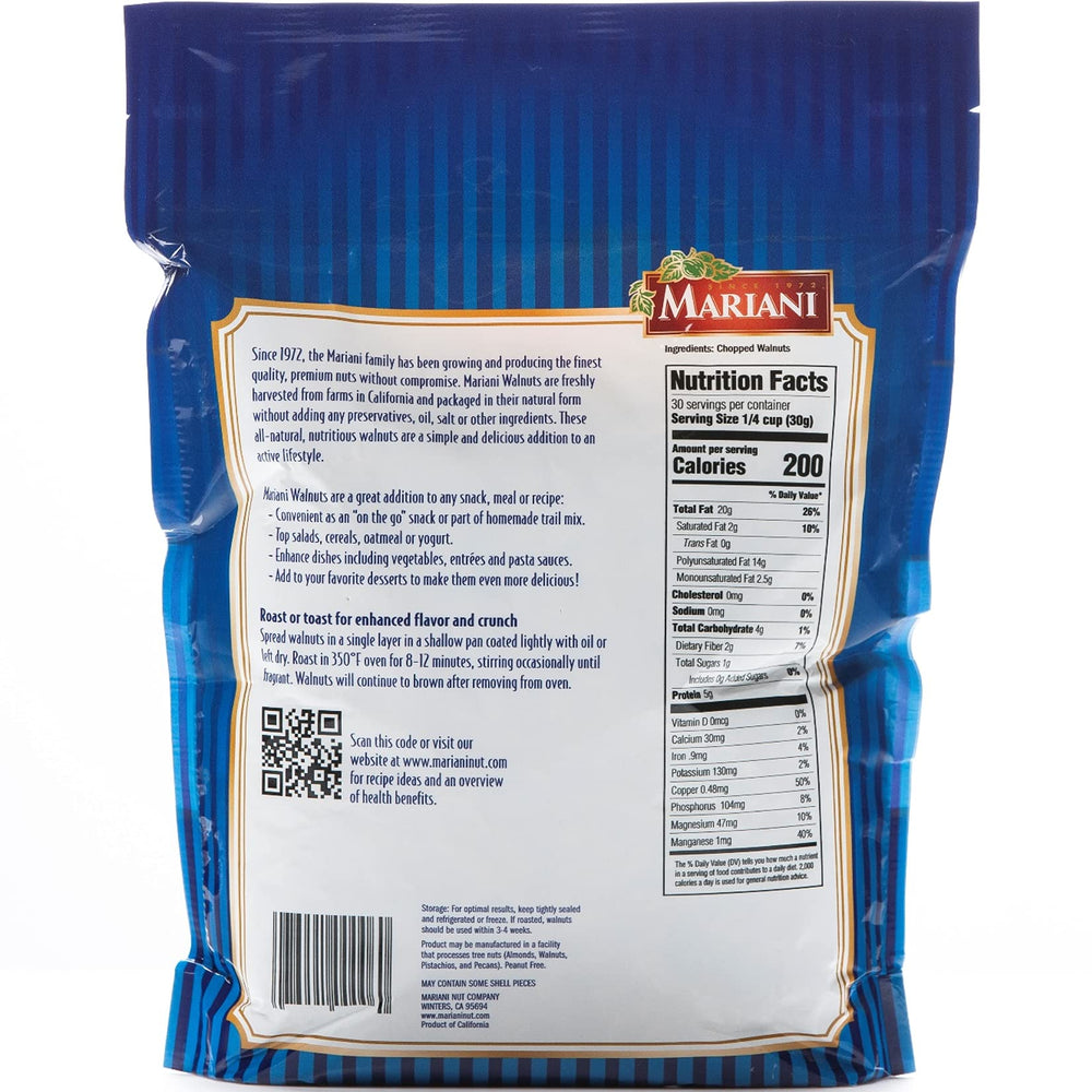 Mariani Nut chopped close-up walnuts texture ideal for recipes and snacking.