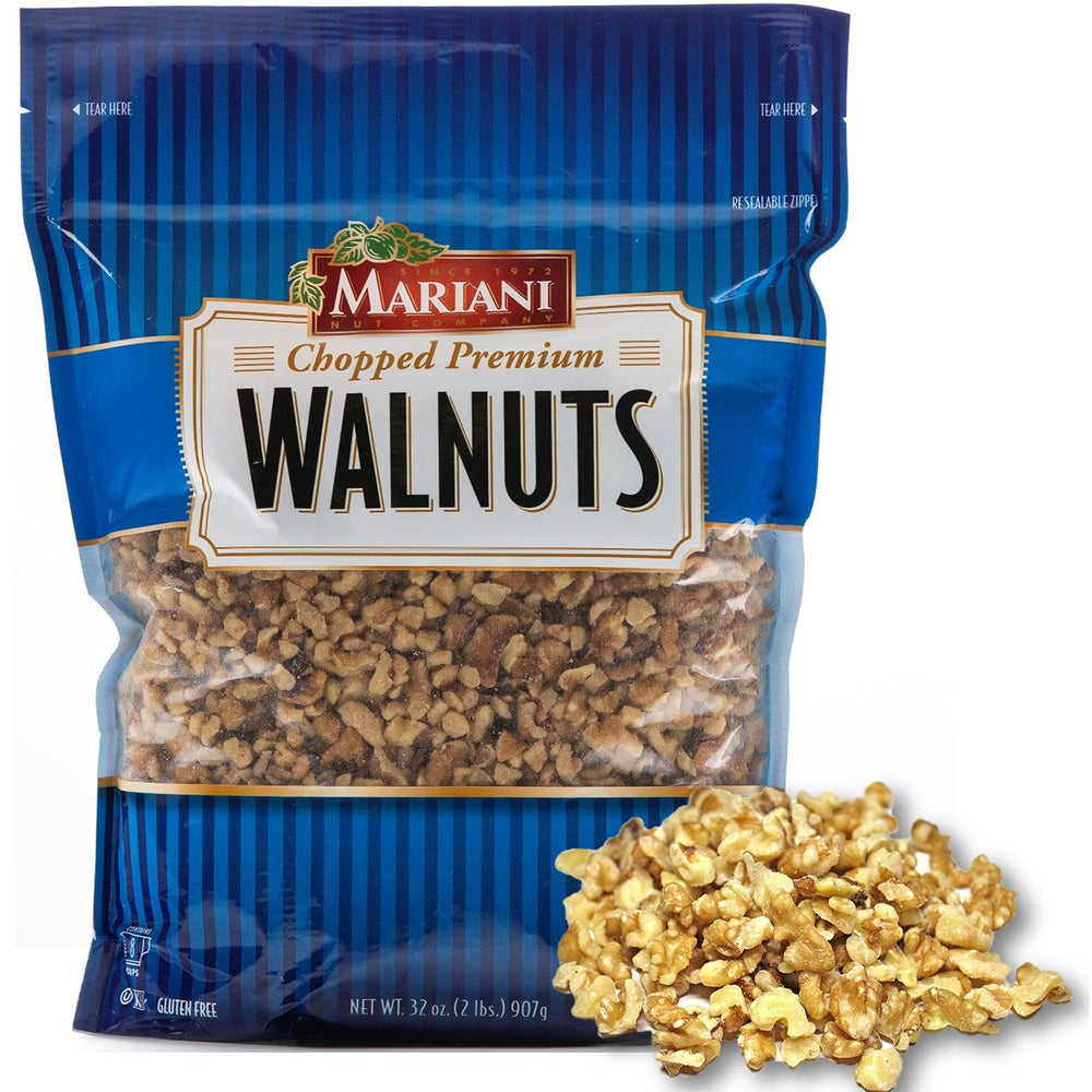 Mariani Nut chopped premium California walnuts in a stand-up bag for freshness.