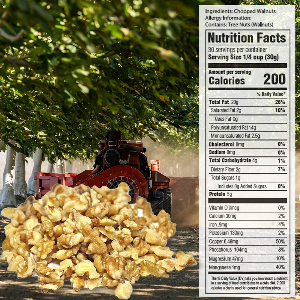 Mariani Nut chopped resealable zipper bag keeps walnuts fresh.