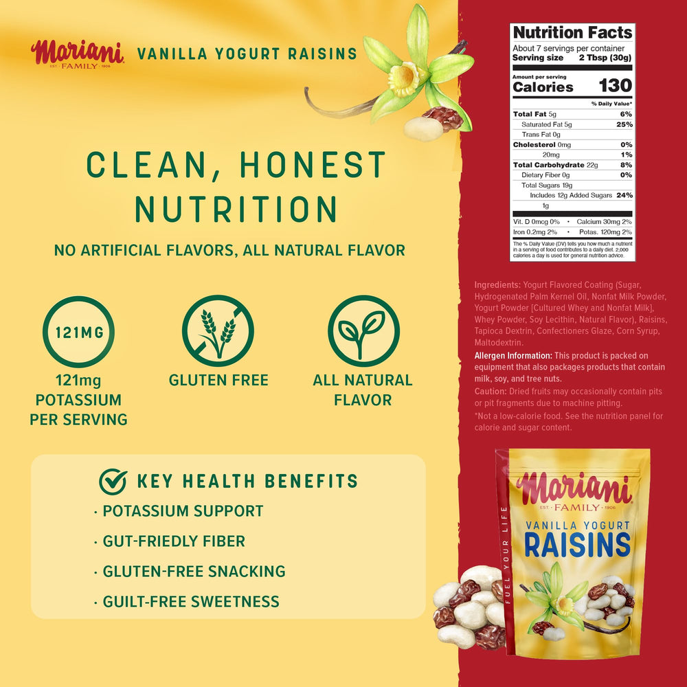 Mariani Vanilla Yogurt Covered Raisins bag back view highlights resealable freshness