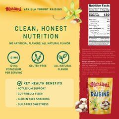 Mariani Vanilla Yogurt Covered Raisins bag back view highlights resealable freshness