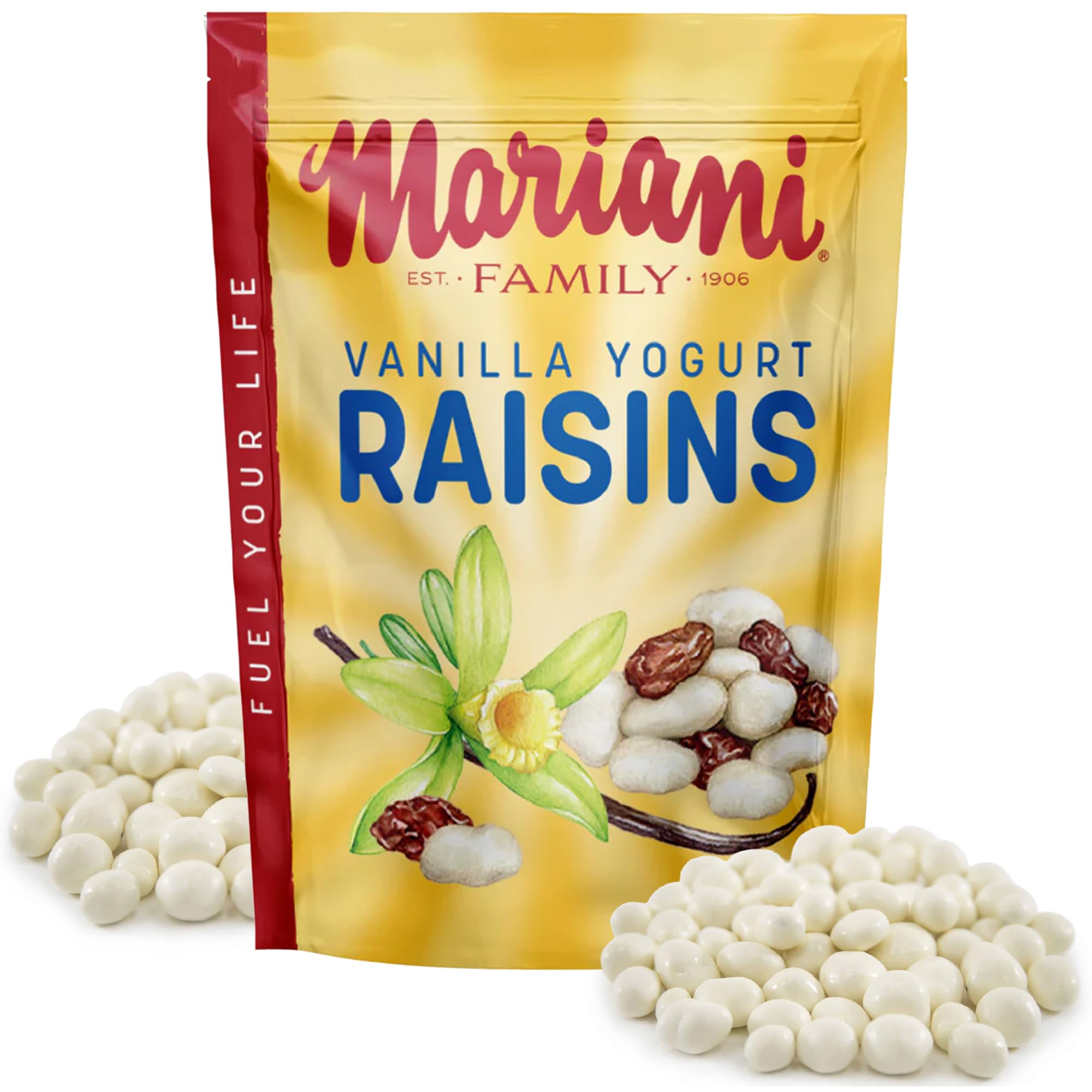 Mariani Vanilla Yogurt Covered Raisins bag front view for on-the-go snacking
