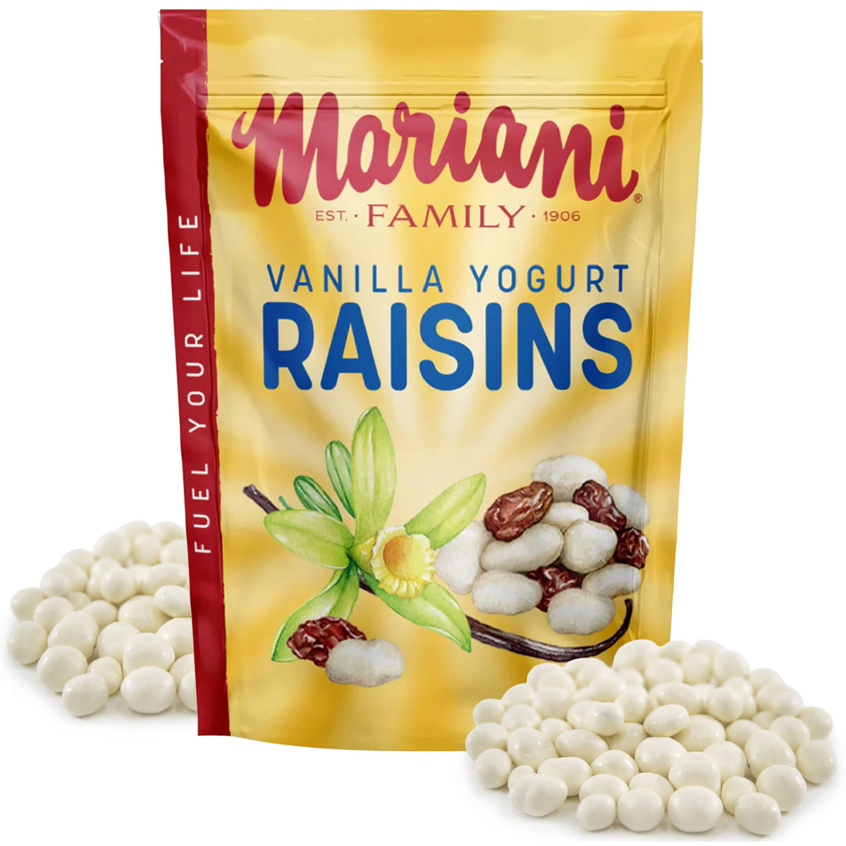 Mariani Vanilla Yogurt Covered Raisins bag front view for on-the-go snacking