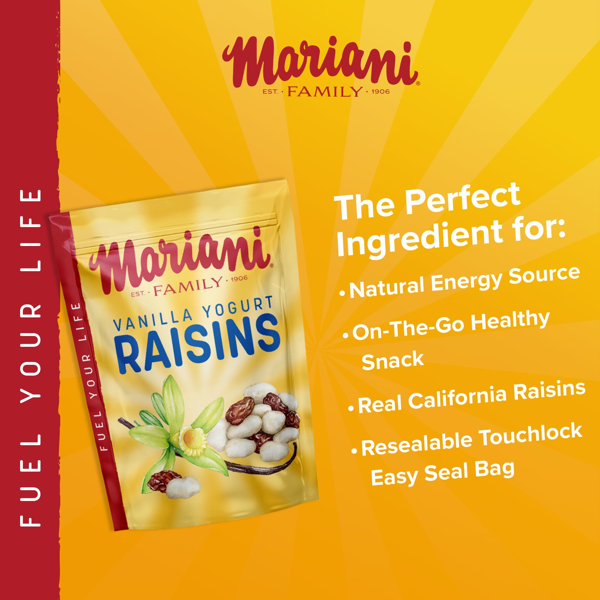 Mariani Vanilla Yogurt Covered Raisins close-up shows creamy coating and chewy texture
