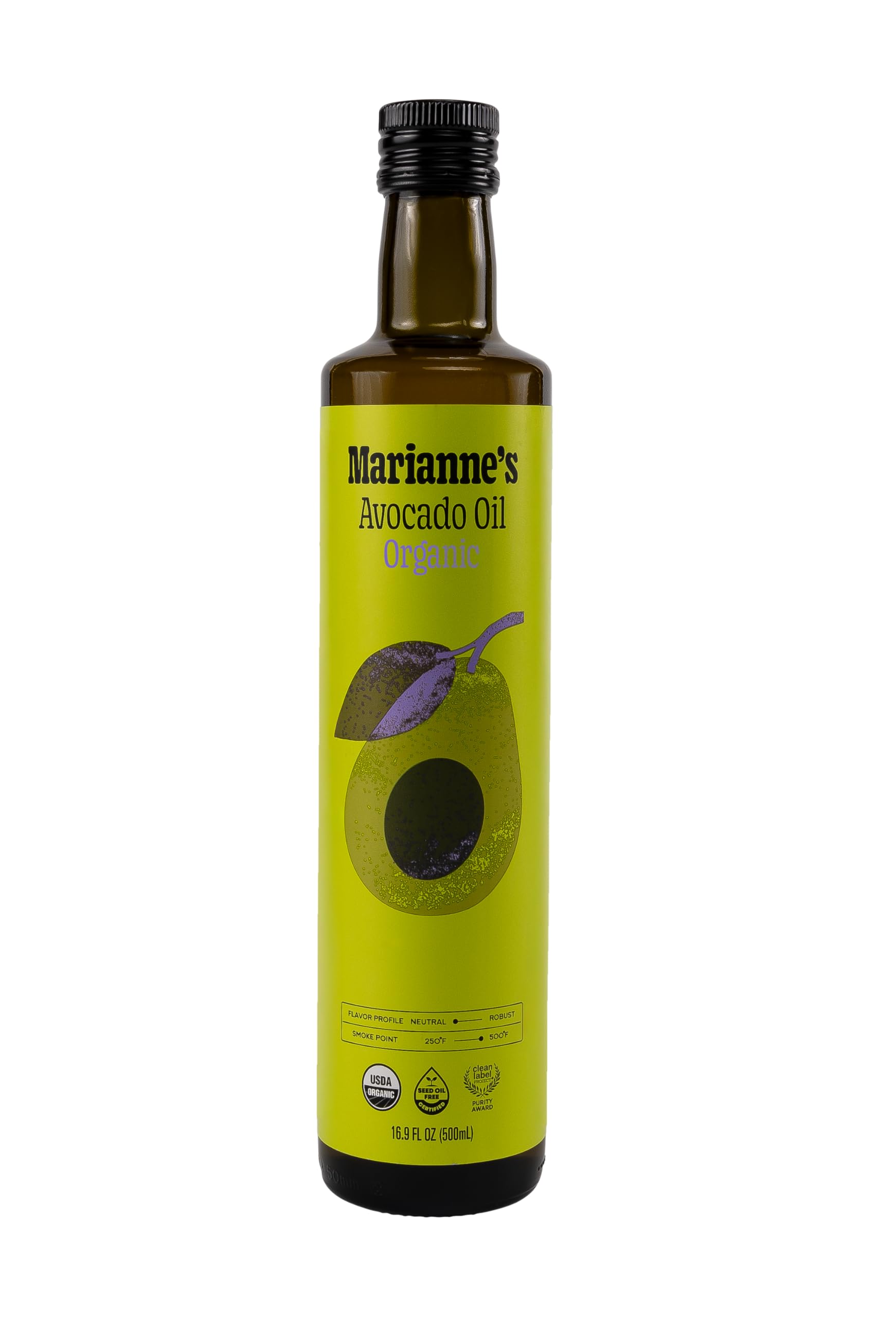Marianne's Harvest Organic Avocado Oil bottle front for everyday cooking with neutral flavor.