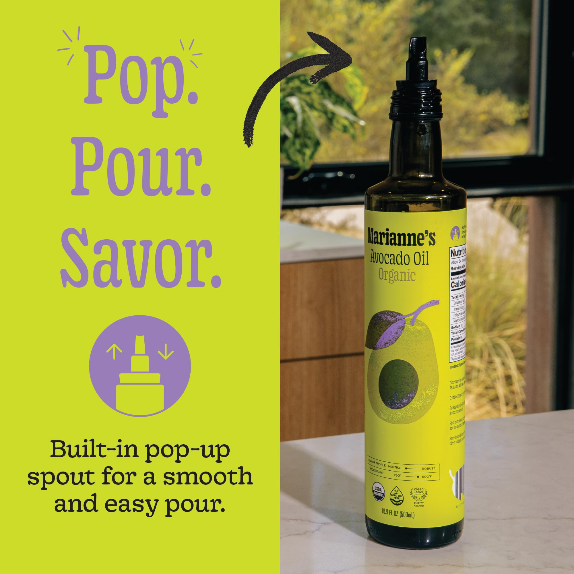 Marianne's Harvest avocado oil offers neutral flavor for versatile cooking.