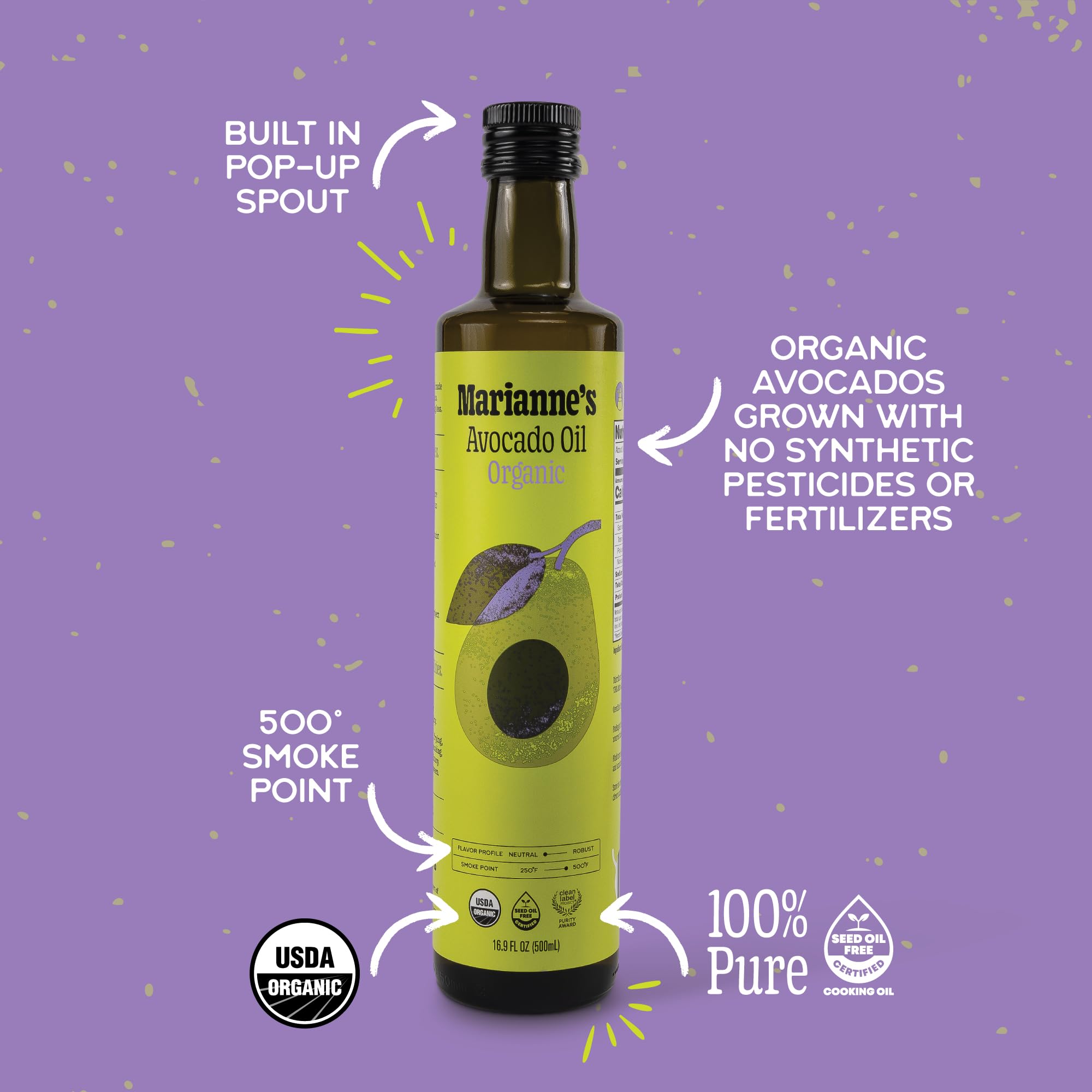 Marianne's Harvest avocado oil pour spout enables controlled, mess-free pouring.