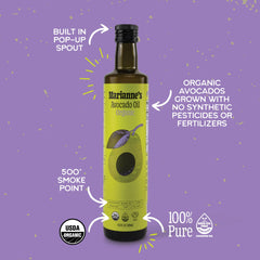 Marianne's Harvest avocado oil pour spout enables controlled, mess-free pouring.