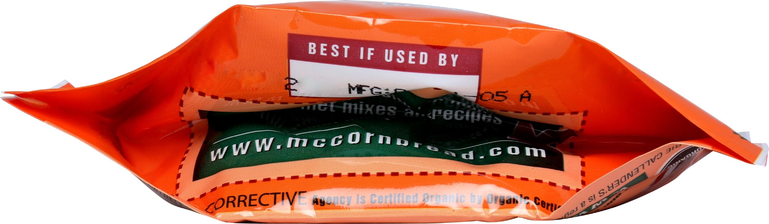 Marie Callender's Organic Corn Bread Mix no hydrogenated oils claim displayed.