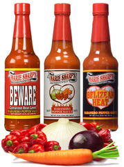 Marie Sharp's Belizean Heat bottle pour shot highlighting tangy flavor and versatile uses.