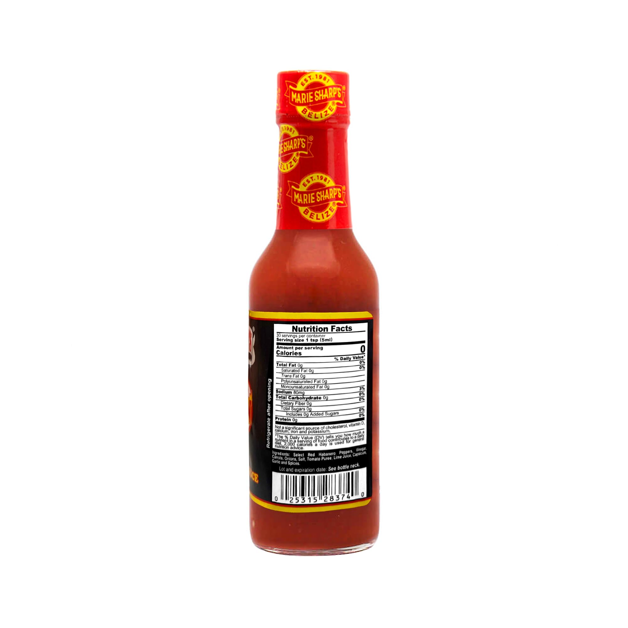 Marie Sharp's Belizean Heat sauce ingredients on the label close-up for freshness.