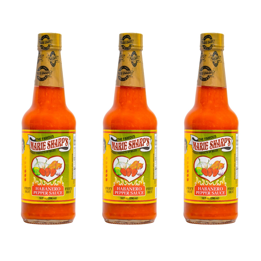 Marie Sharp’s Fiery Hot Habanero Sauce bottle adds bold Belizean heat to any dish.