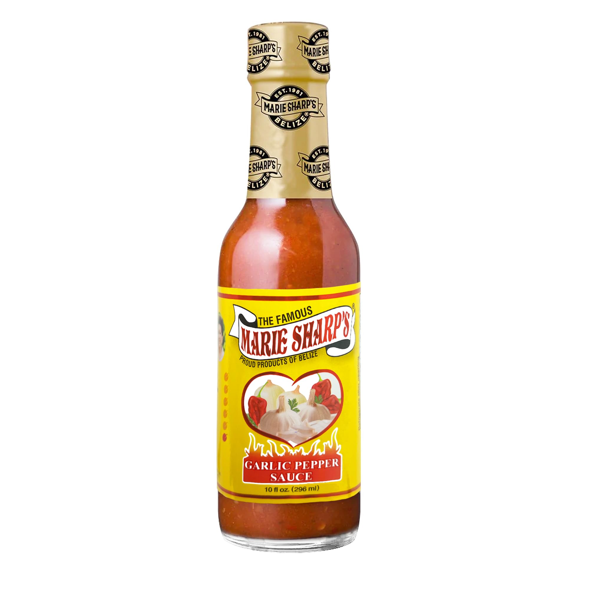 Front view of Marie Sharp's Garlic Pepper Sauce bottle, perfect on grilled meats