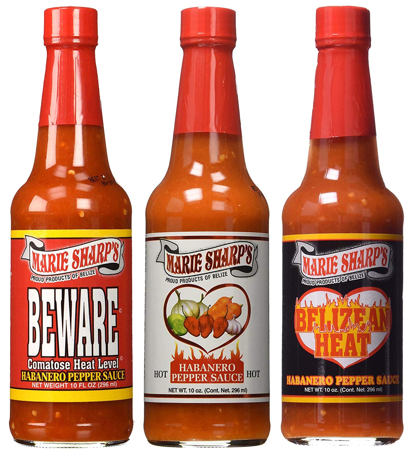 Marie Sharp's Hot Habanero bottle close-up showing bold Belizean heat for grilled dishes.