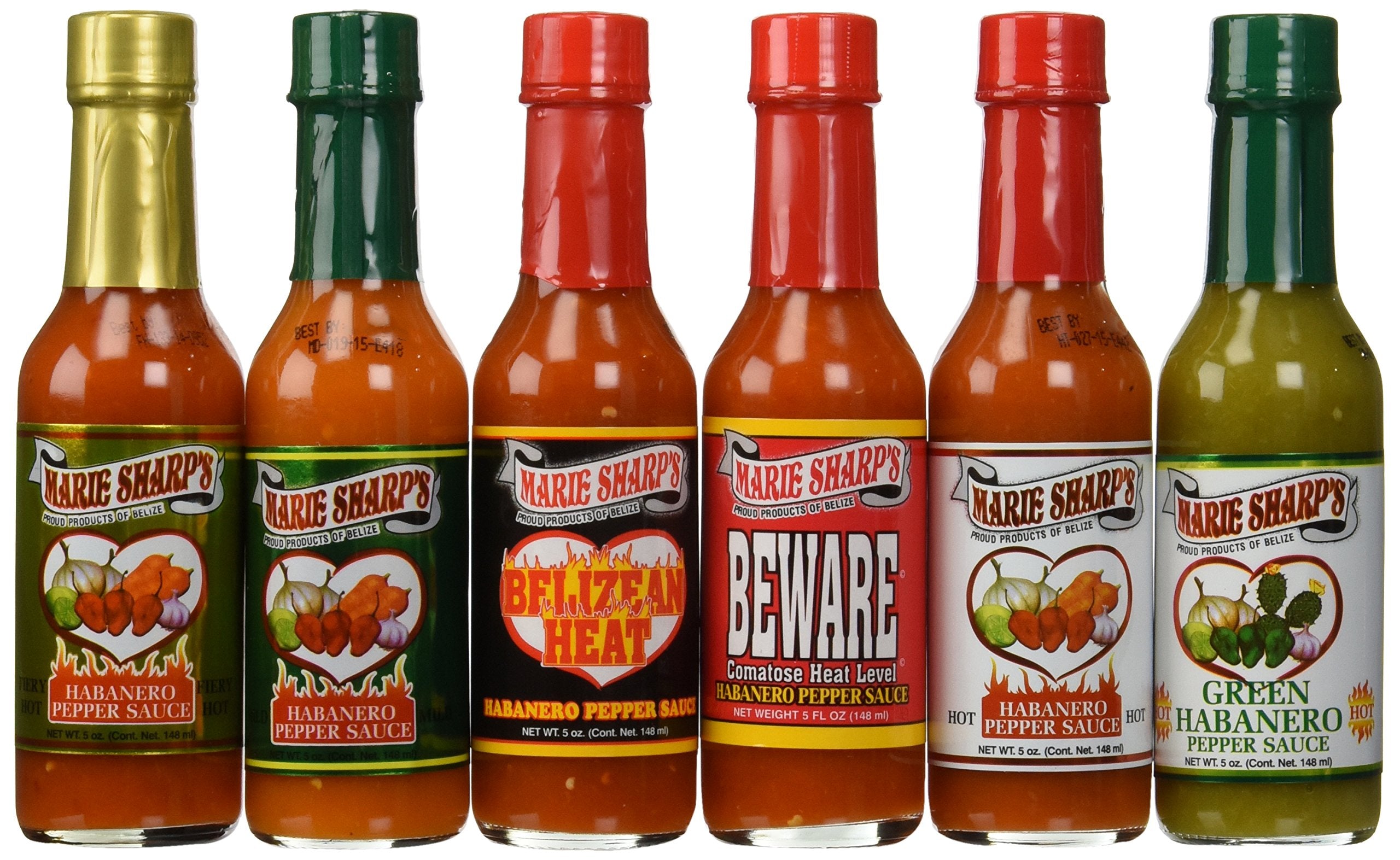 Marie Sharp's Hot Sauce 6 Pack pack shot highlights a versatile set for burgers, eggs, and grilled dishes.