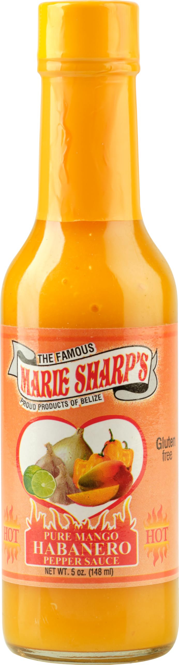 Marie Sharp's Mango Habanero bottle pour, showcasing tropical heat ready to elevate dishes