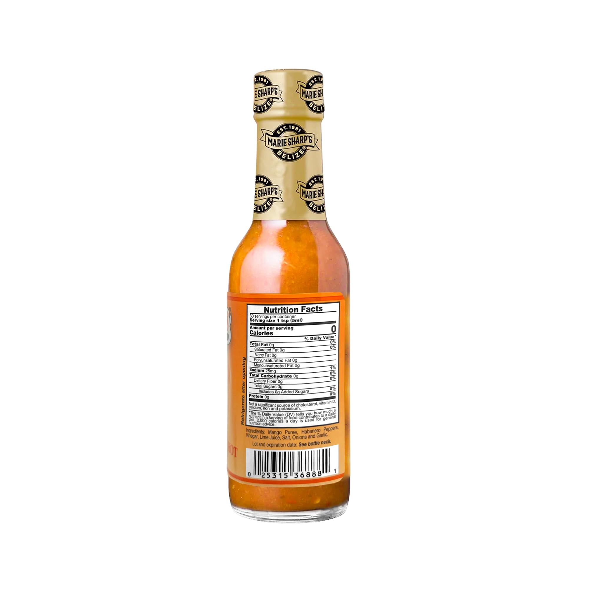 Close-up of Marie Sharp's Mango Habanero label emphasizing all-natural ingredients