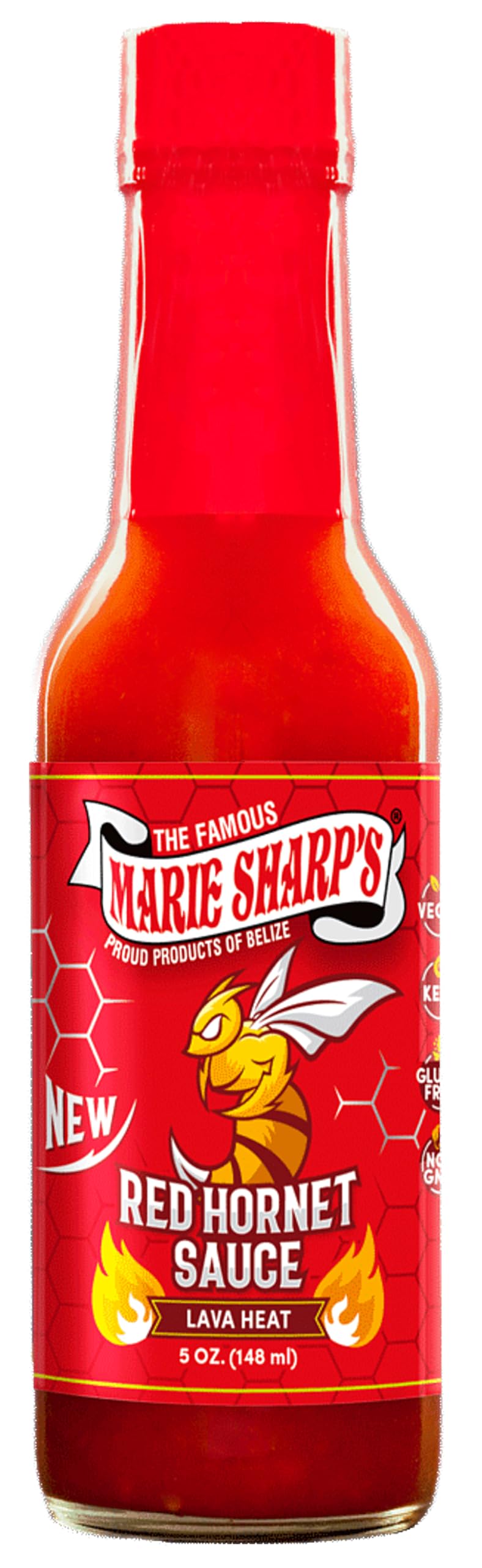 Marie Sharp's Red Hornet hot sauce bottle highlights intense heat for bold meals