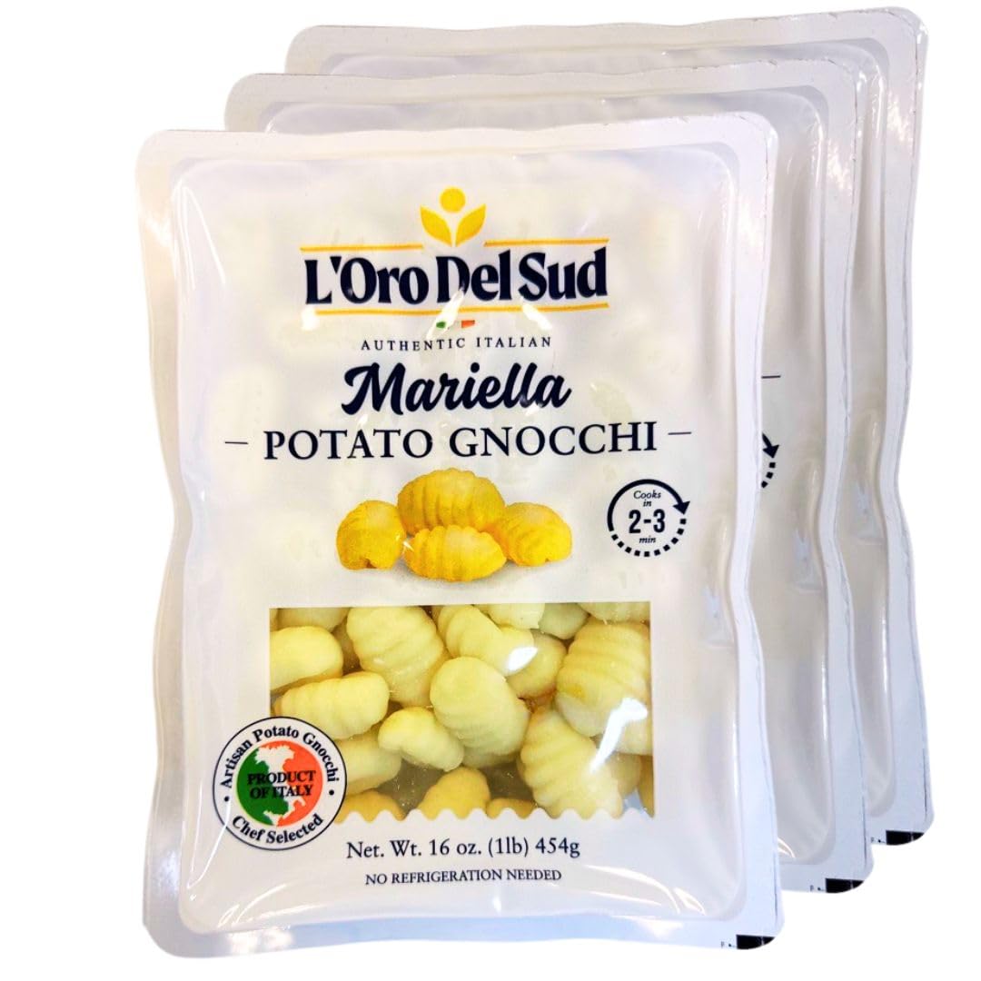 Mariella gnocchi pack in shelf-stable 3x1 lb format for easy meal planning.