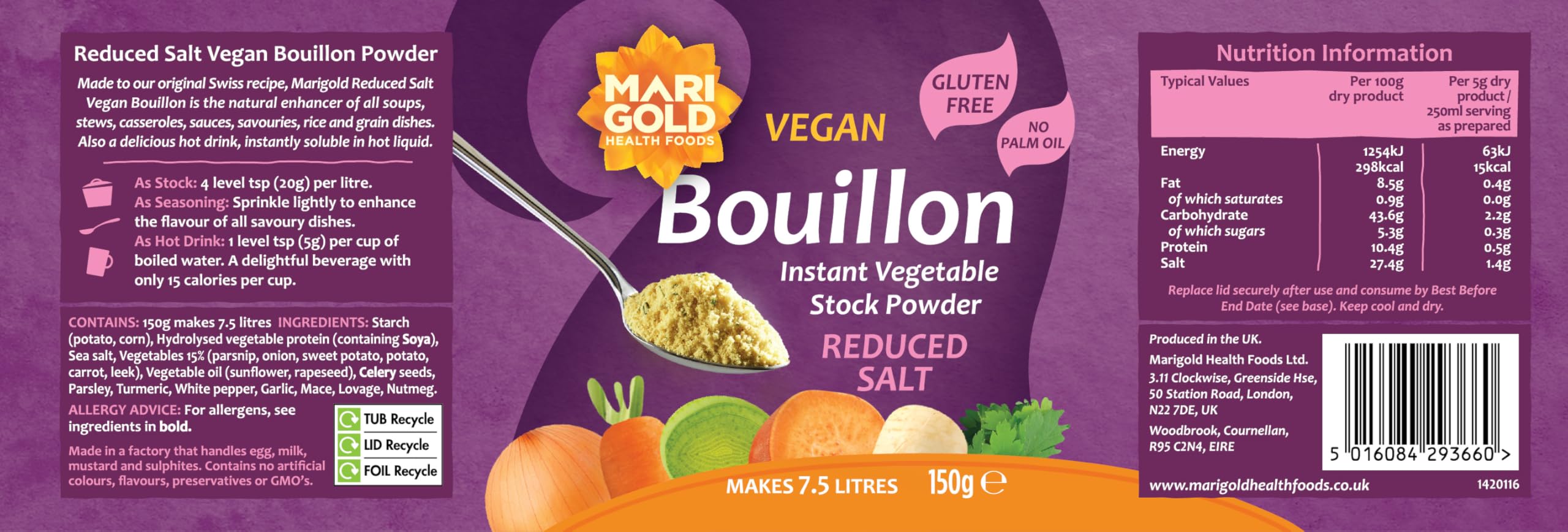 Marigold bouillon powder dissolves quickly in hot liquid for soups and beverages.