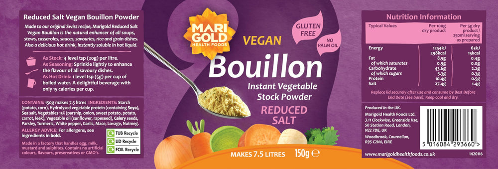 Marigold bouillon powder dissolves quickly in hot liquid for soups and beverages.