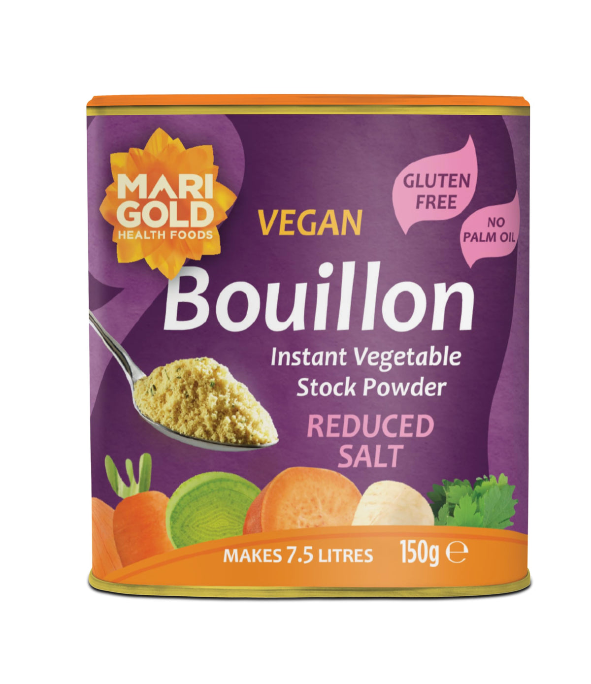 Marigold Swiss Vegetable Bouillon tub, a convenient vegan stock base with reduced salt.