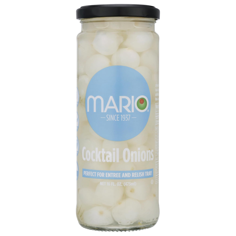Mario Camacho Cocktail Onions jar closeup, crisp garnish ideal for martinis and upscale appetizers