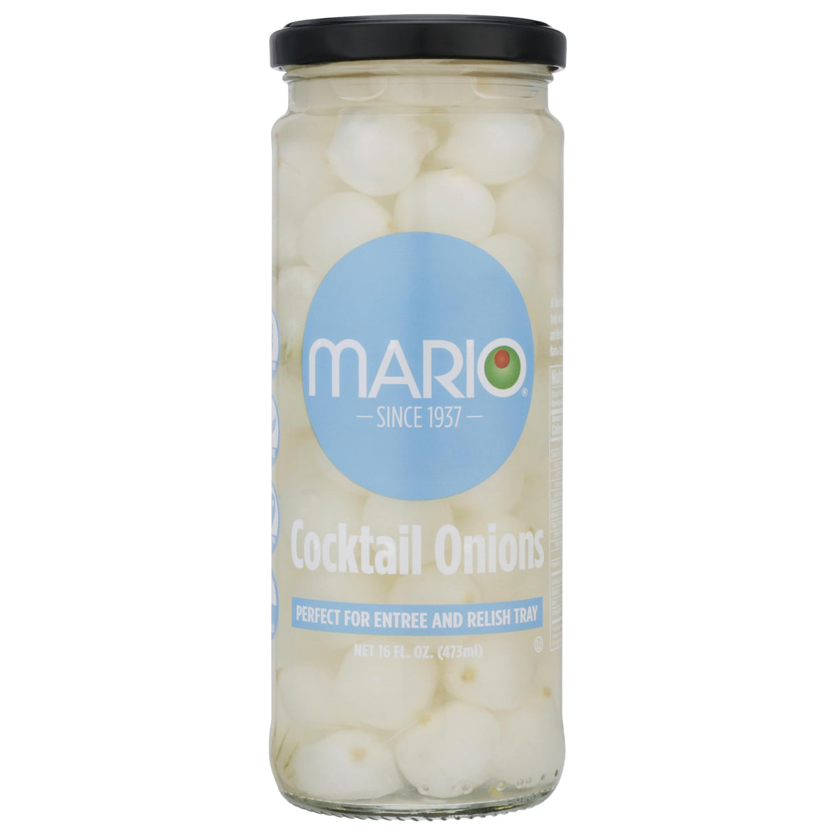 Mario Camacho Cocktail Onions jar closeup, crisp garnish ideal for martinis and upscale appetizers