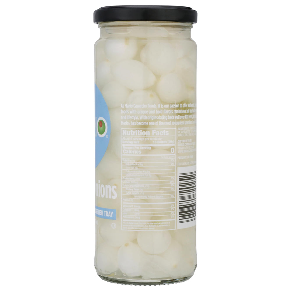 Mario Camacho Cocktail Onions front view displaying six-pack glass jars for entertaining