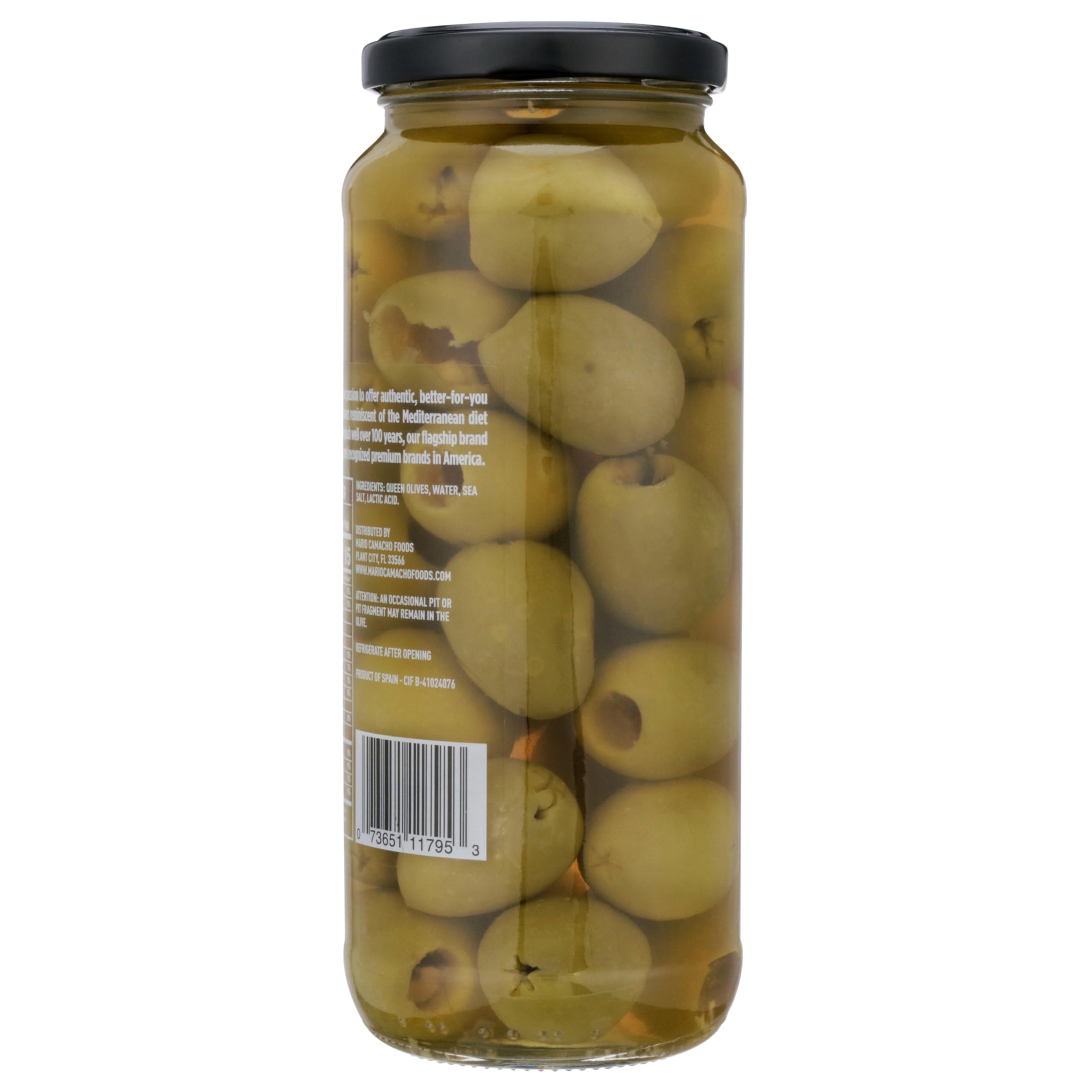 Mario Camacho Foods queen party colossal olives in hand showing portable snack size.