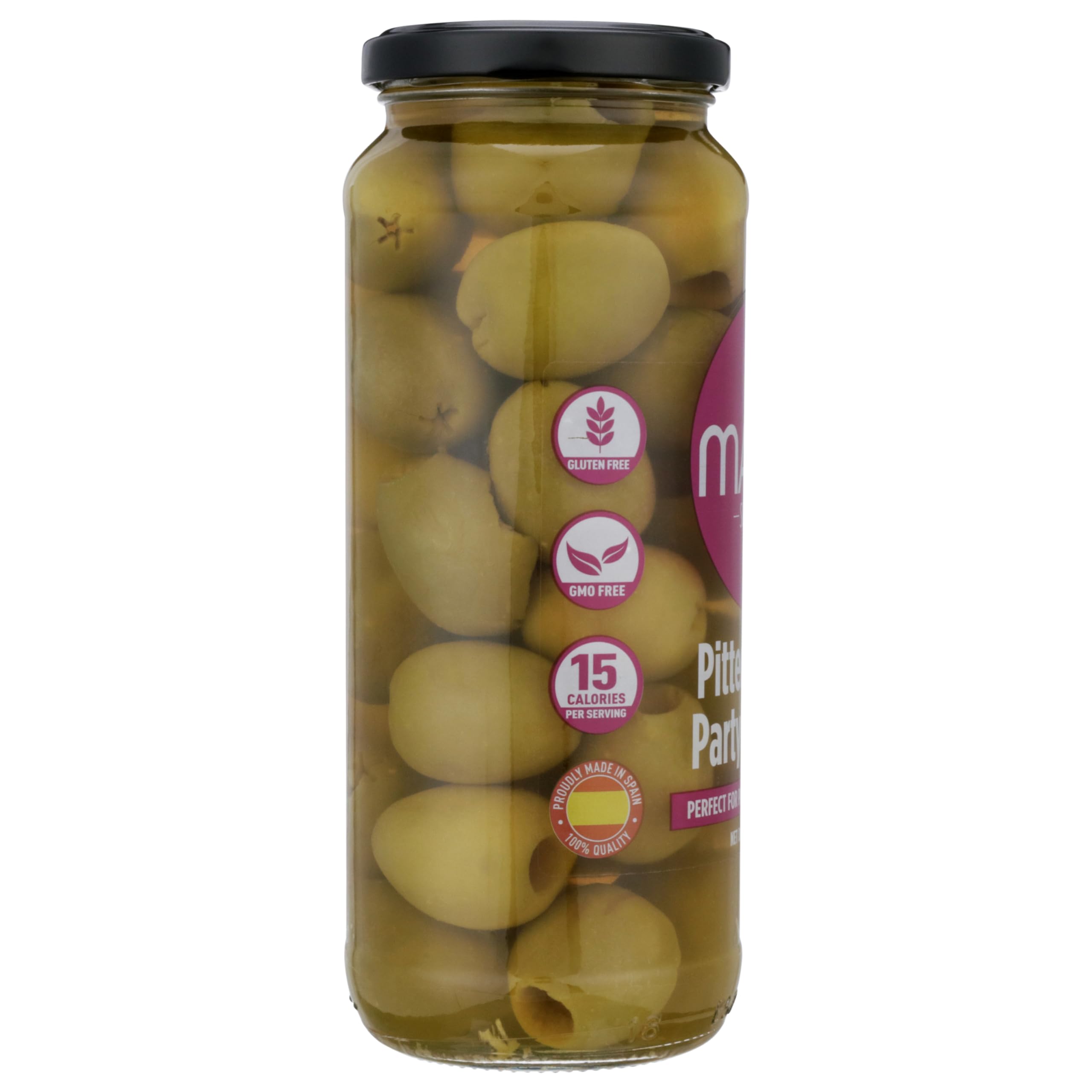 Mario Camacho Foods queen party colossal olives on the kitchen counter ready to use.