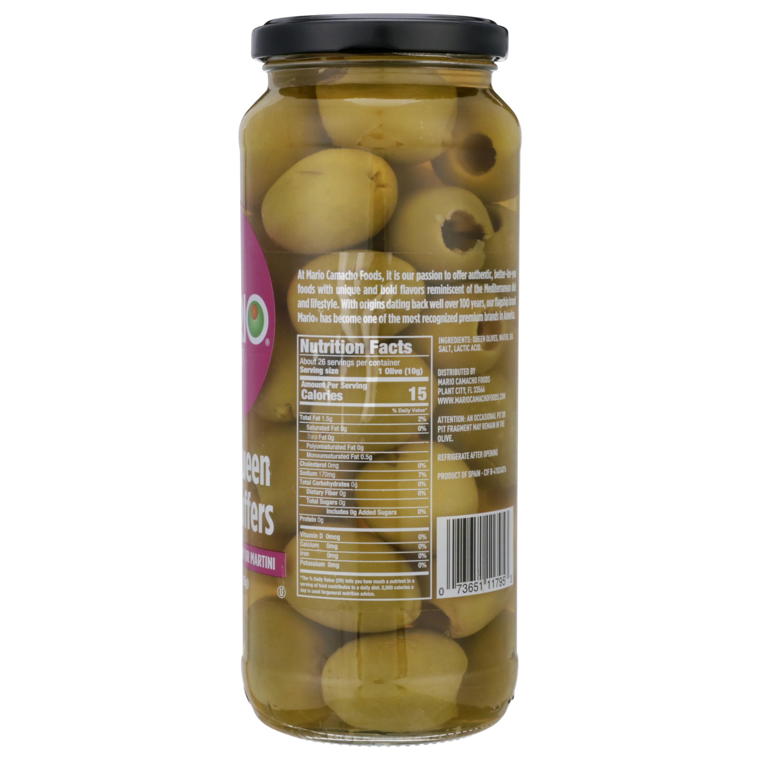 Mario Camacho Foods queen party colossal olives label close-up on jar for quick identification.