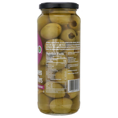 Mario Camacho Foods queen party colossal olives label close-up on jar for quick identification.