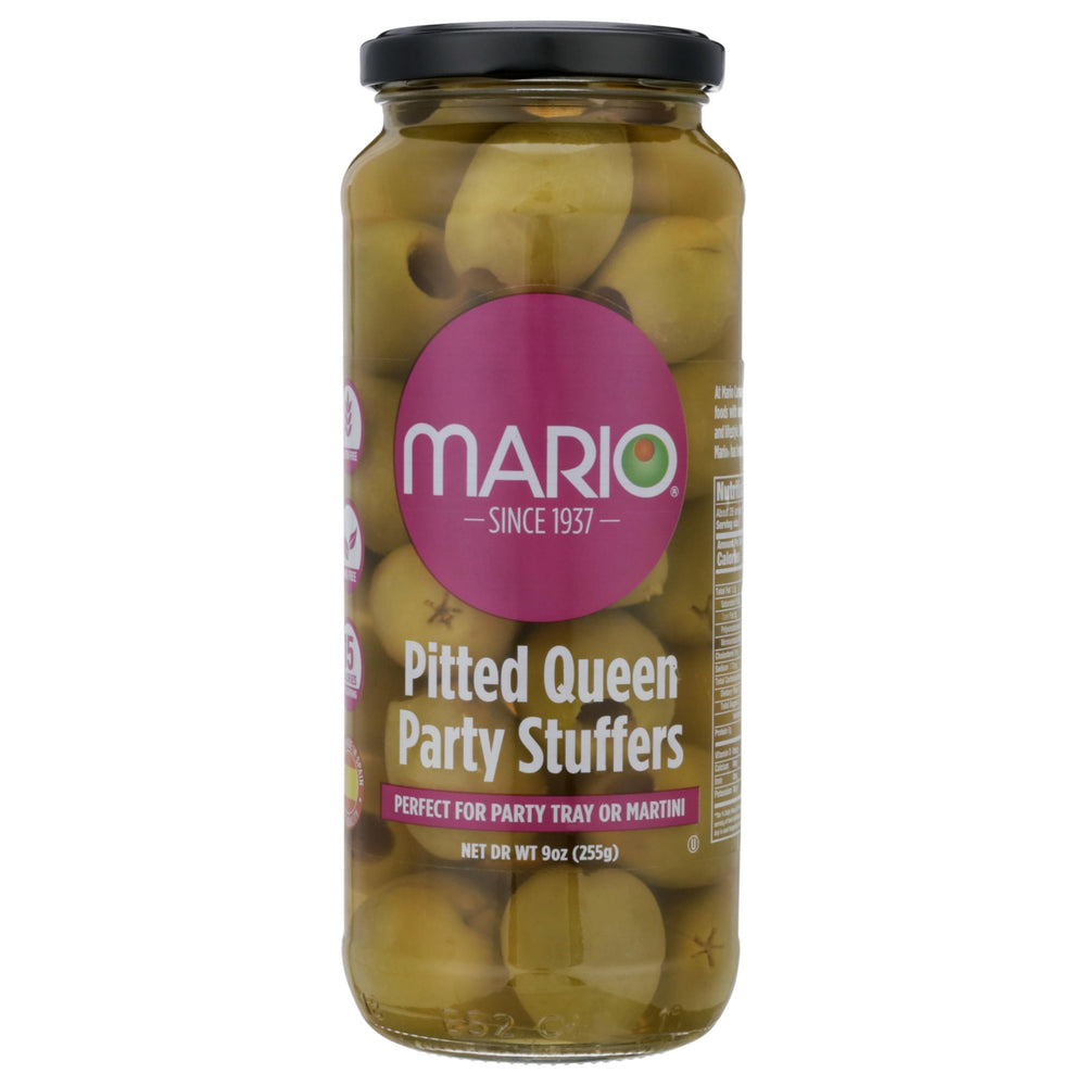 Mario Camacho Foods queen party colossal olives pitted jar ready to snack.