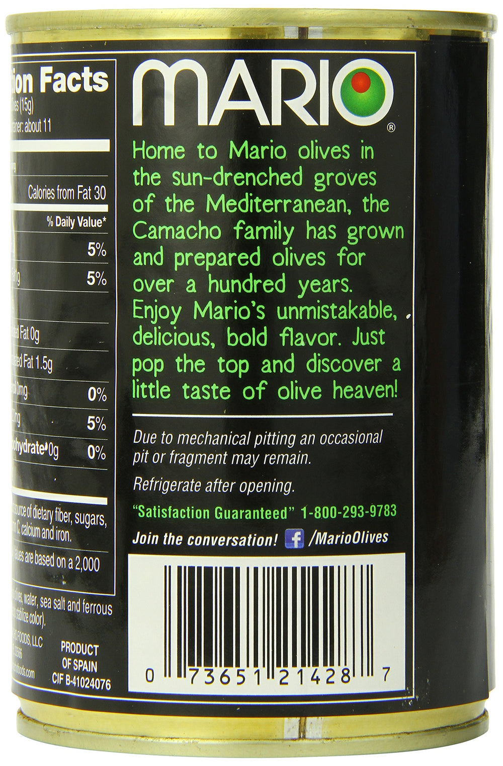 Mario Camacho olives large ripe packaging, convenient pantry staple.