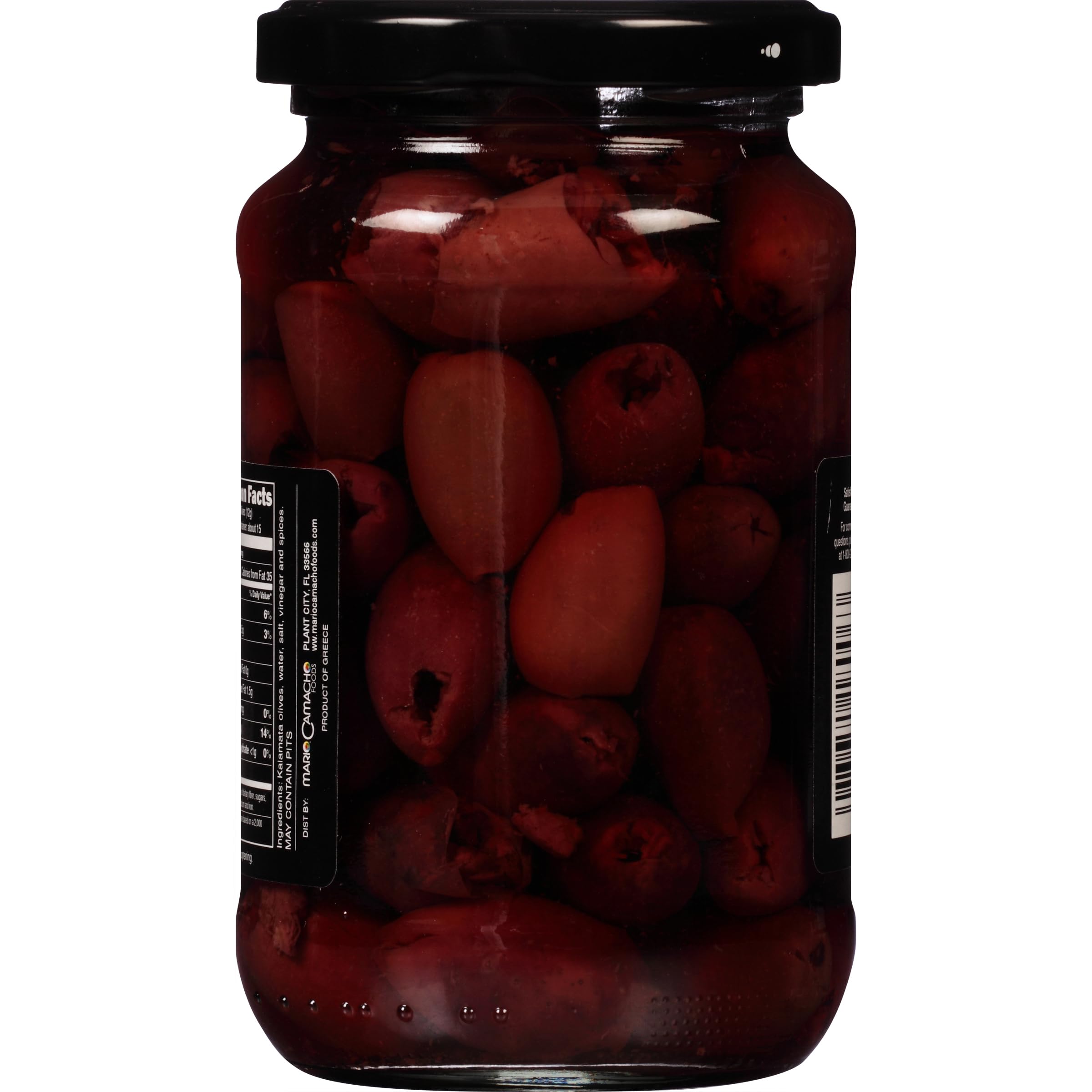 Back label on Mario Camacho Kalamata Olives with ingredients and tips.