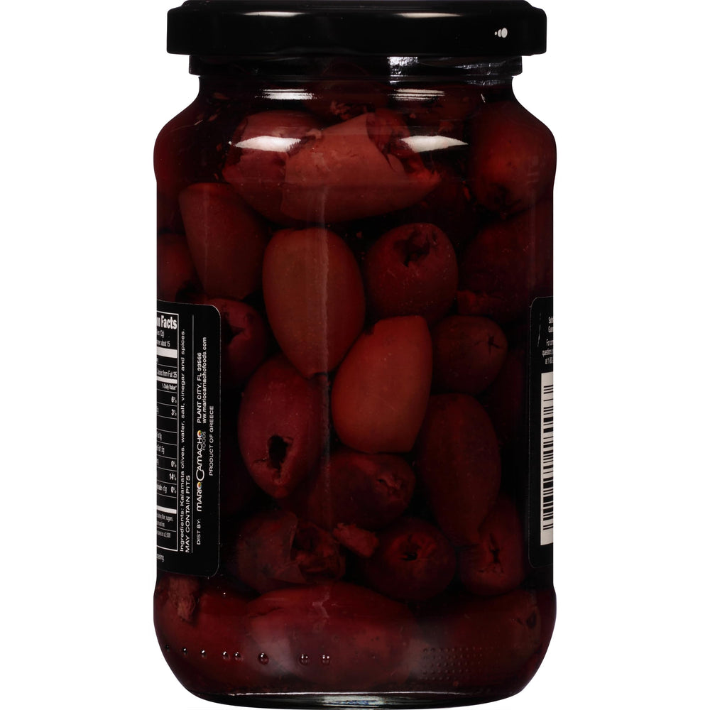 Back label on Mario Camacho Kalamata Olives with ingredients and tips.