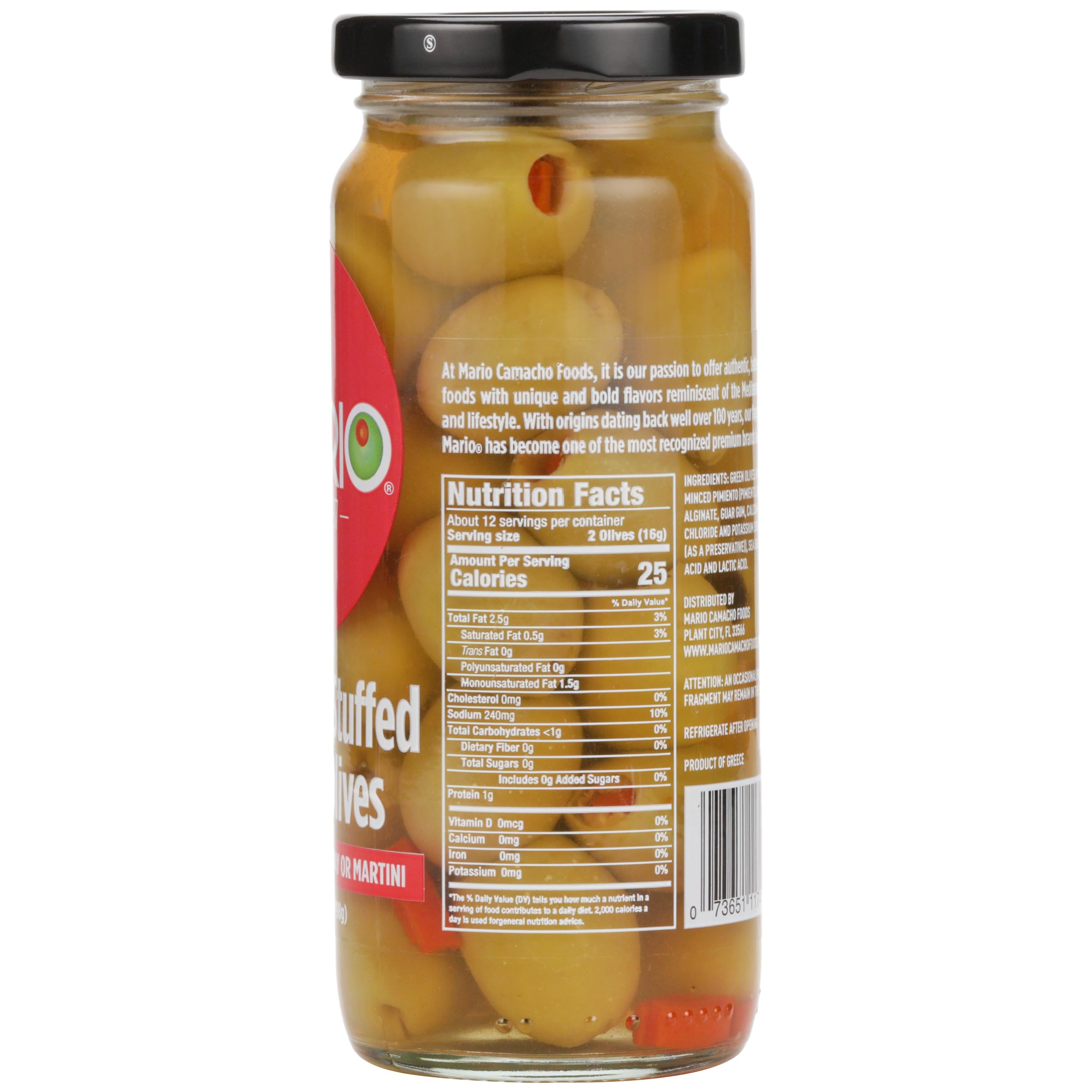Snack time with Mario Camacho Queen Olives stuffed with minced pimiento for bold flavor.
