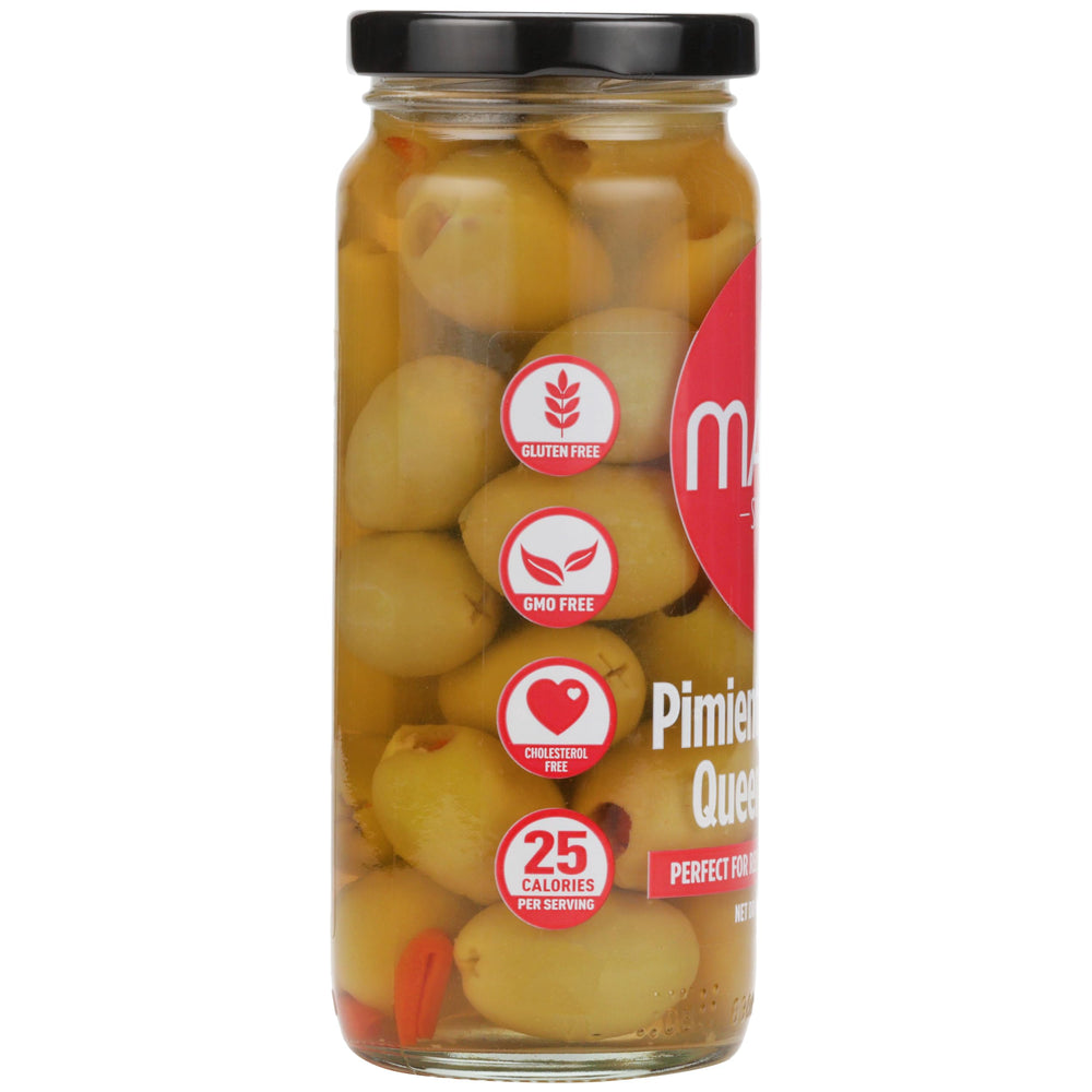 Serving on a tapas board with Mario Camacho Queen Olives stuffed with minced pimiento.