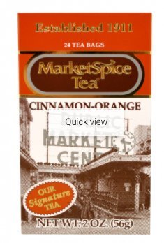 MarketSpice Cinnamon Orange teabags pack on table, aromatic flavor with zero sugar.