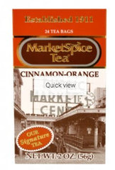 MarketSpice Cinnamon Orange teabags pack on table, aromatic flavor with zero sugar.