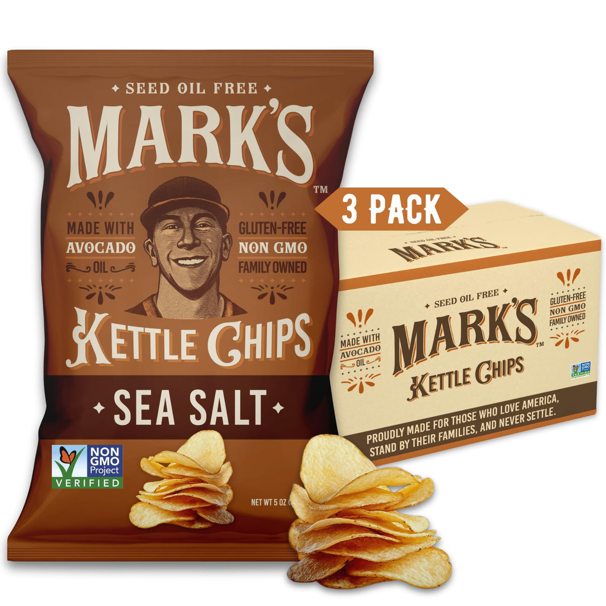Mark's Kettle Cooked Avocado Oil Chips sea salt bag close-up shows crisp texture and clean flavor