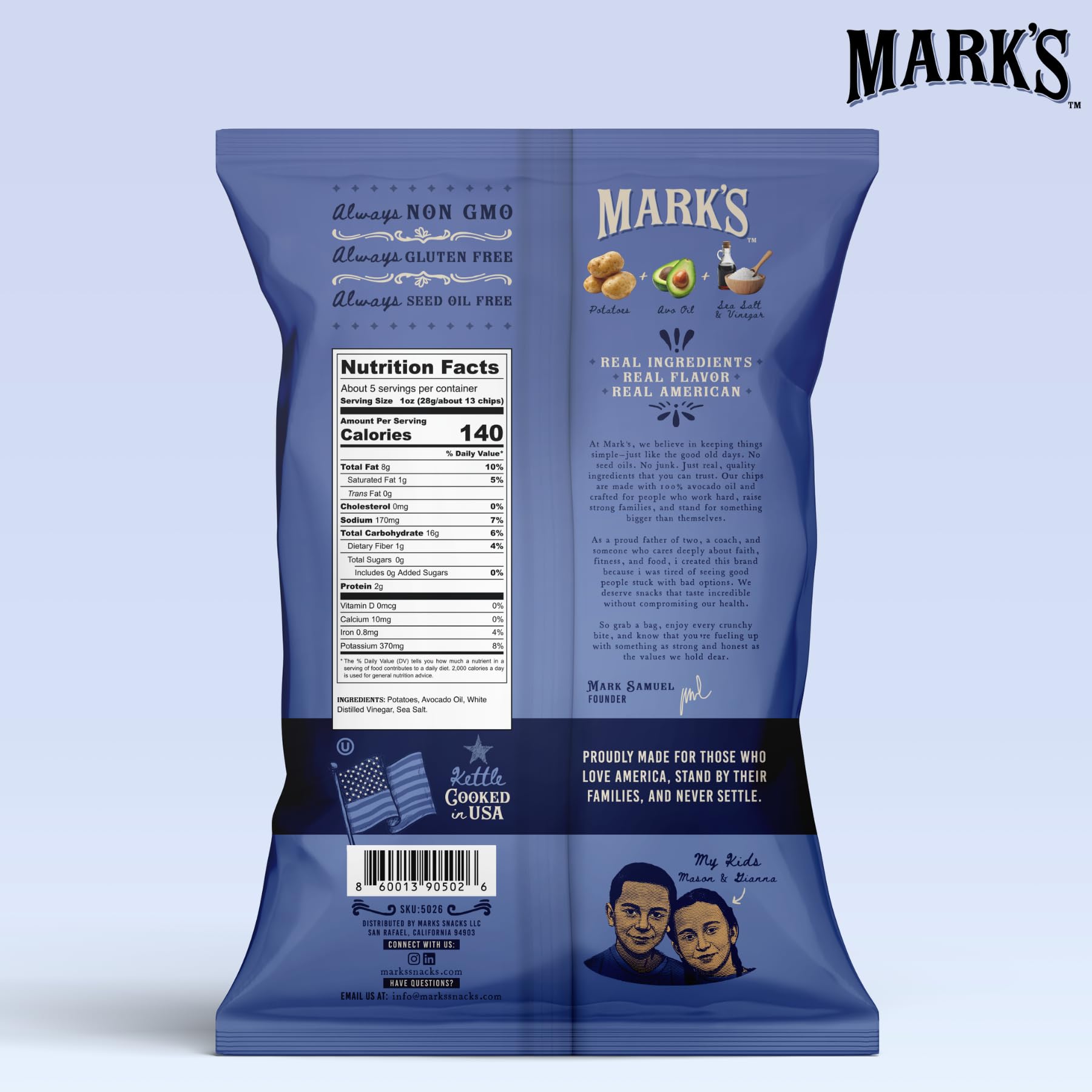 Mark's kettle chips closeup shows avocado oil coating for light, non-seed-oil cooking.