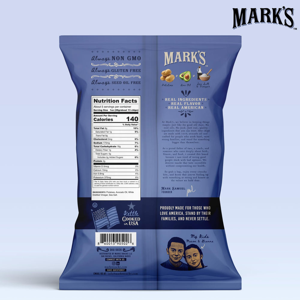 Mark's kettle chips closeup shows avocado oil coating for light, non-seed-oil cooking.