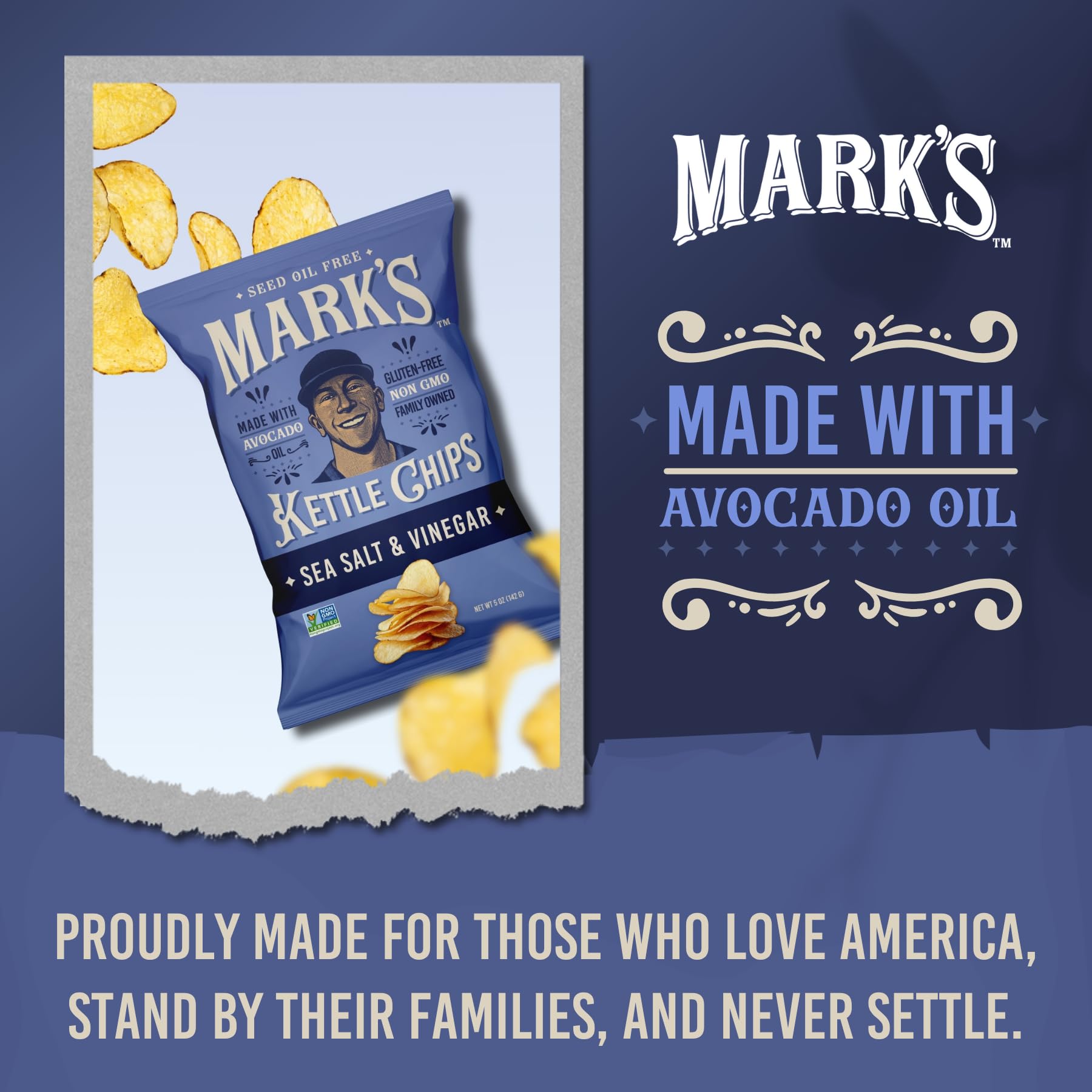 Mark's non-artificial flavors chip closeup highlights natural seasoning.