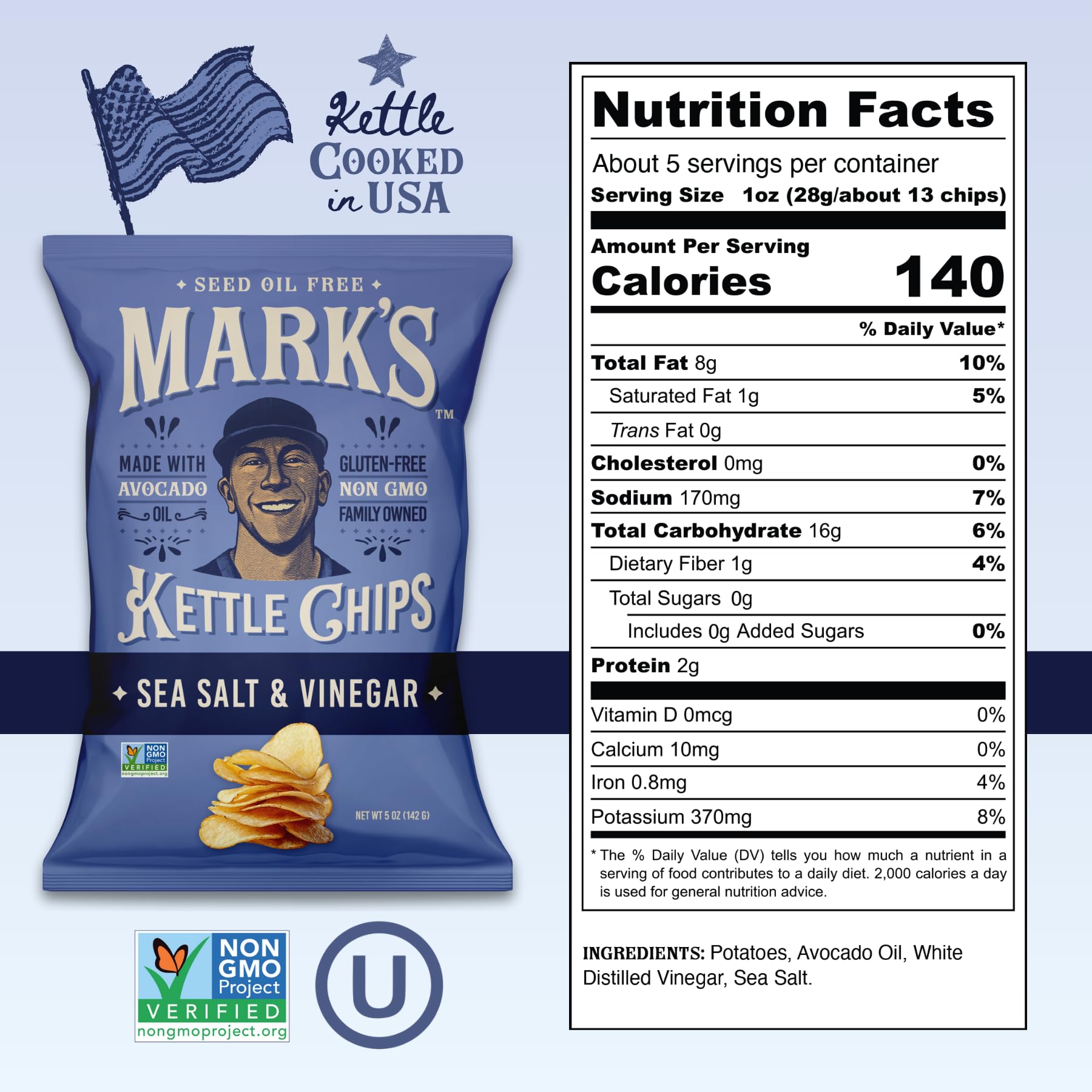 Mark's sea salt vinegar bag shot highlights gluten-free, Non-GMO snack options.