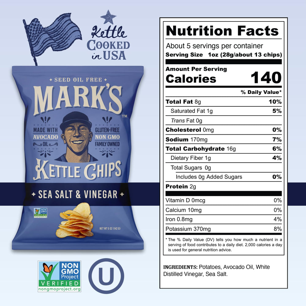 Mark's sea salt vinegar bag shot highlights gluten-free, Non-GMO snack options.