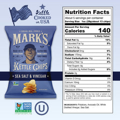 Mark's sea salt vinegar bag shot highlights gluten-free, Non-GMO snack options.