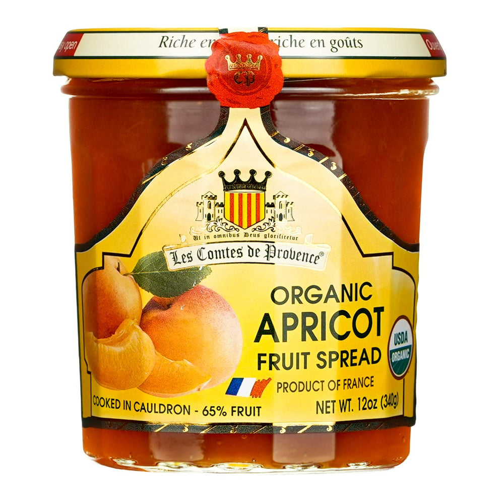 MARKY'S Apricot Jam jar shows rich 65% fruit content for natural sweetness, ideal on toast.