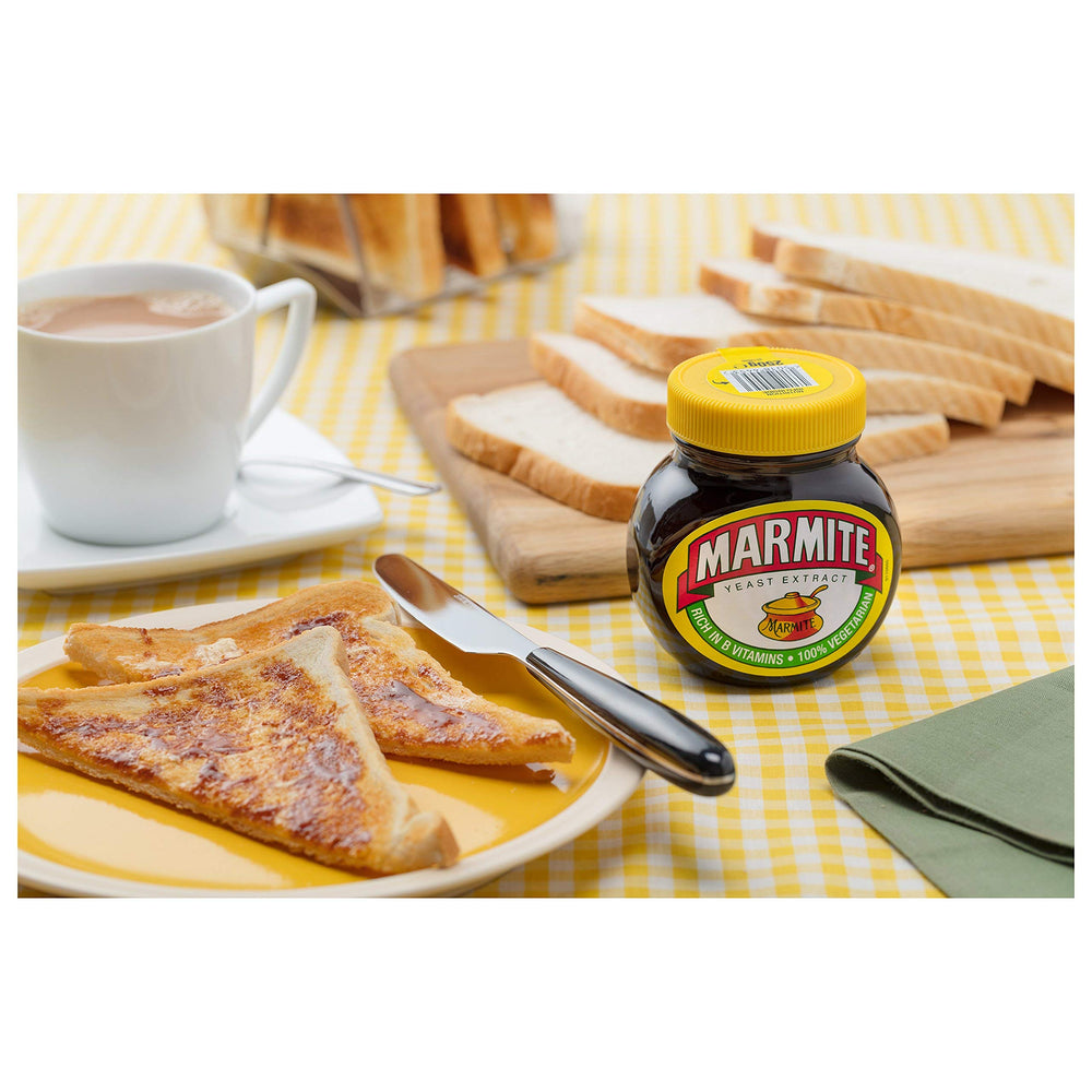 UK origin emblem and 1902 heritage behind Marmite.